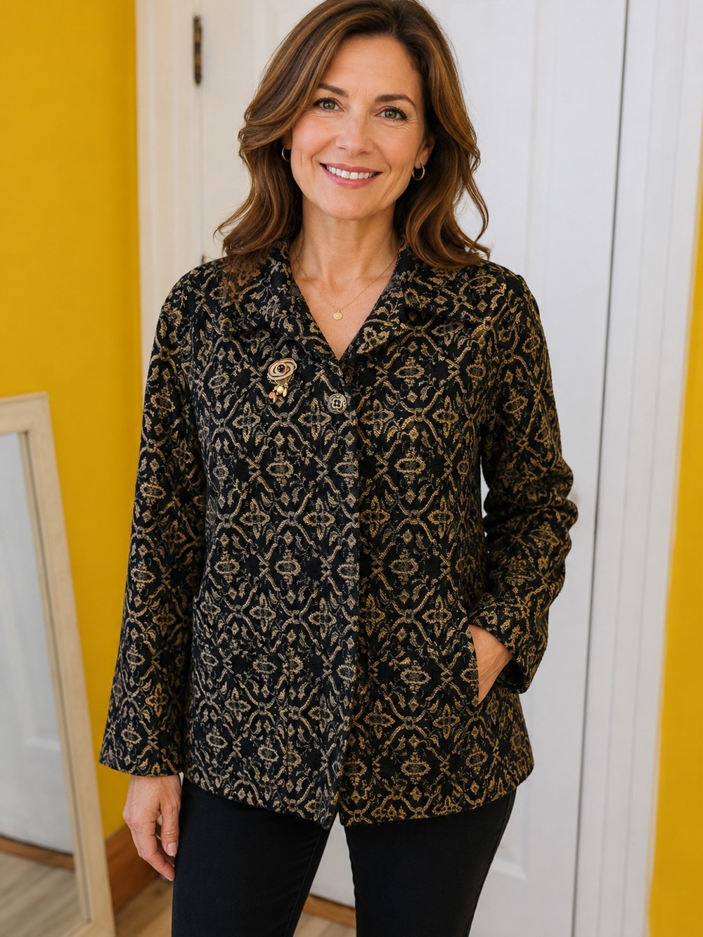 Women's Vintage Black and Gold Patterned Blazer Jacket - Picture 6 of 6